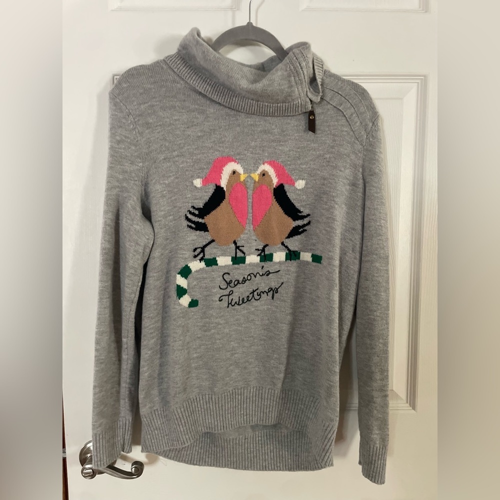 Talbots Gray Holiday Bird Intarsia Cowl Sweater with Pink Accents